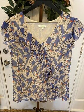 Jade Feather Novelty Print Lightweight Top Shirt Short Flutter Sleeve L